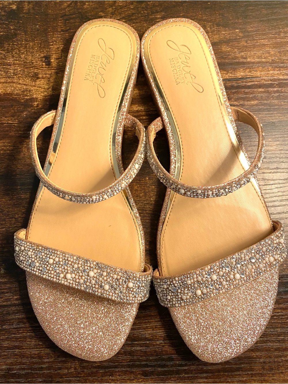 Jewel Badgley Mischka Rose Gold Crystal & Pearl Slide Sandals
